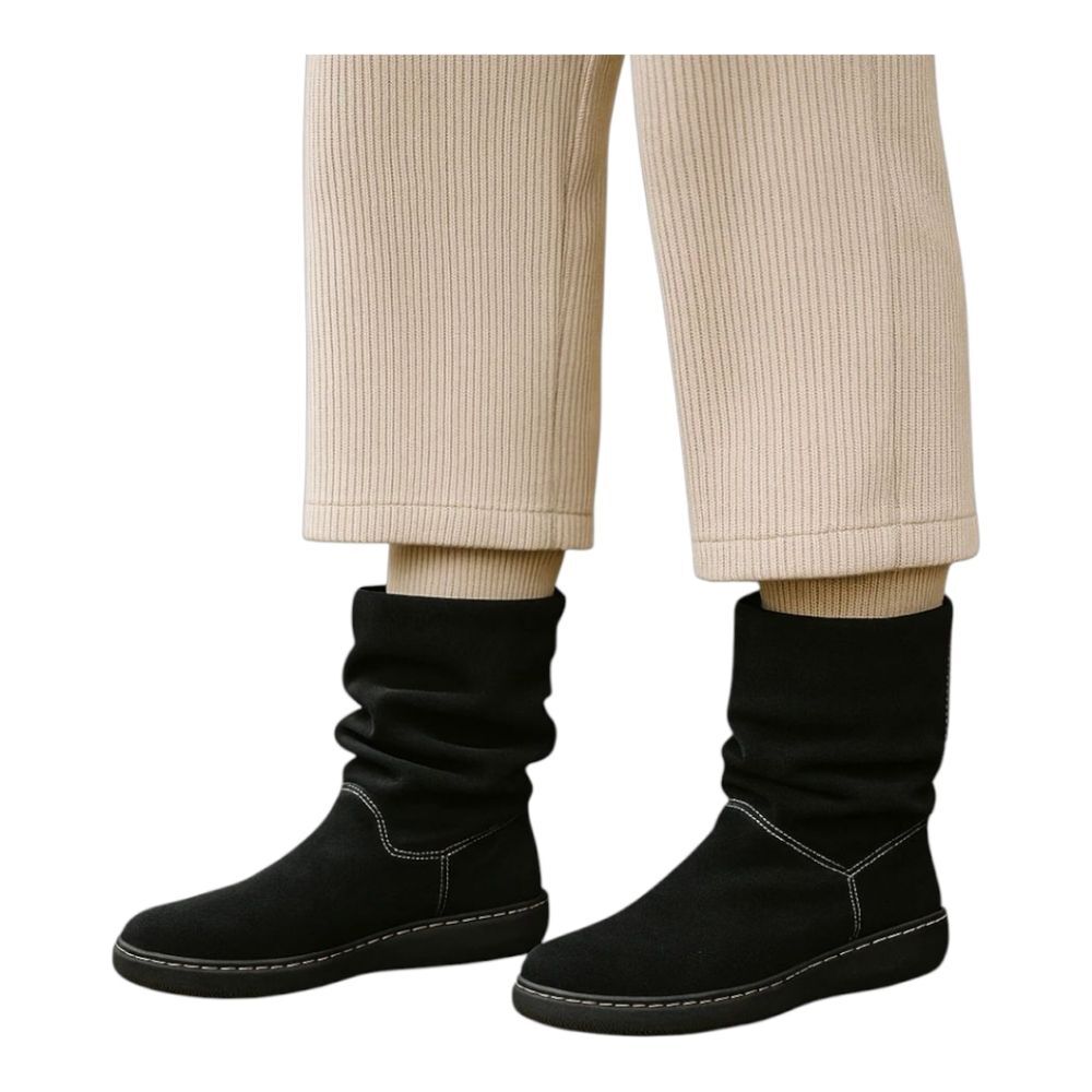 LANDS' END Suede Black EUC Slouch Boots Flat Booties Cozy Comfy Pull On Calf 8B